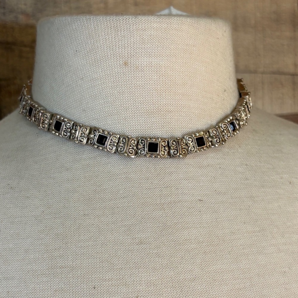 Vintage Silver Tone Black Onyx Style Scrollwork Link Choker Necklace 16.5"